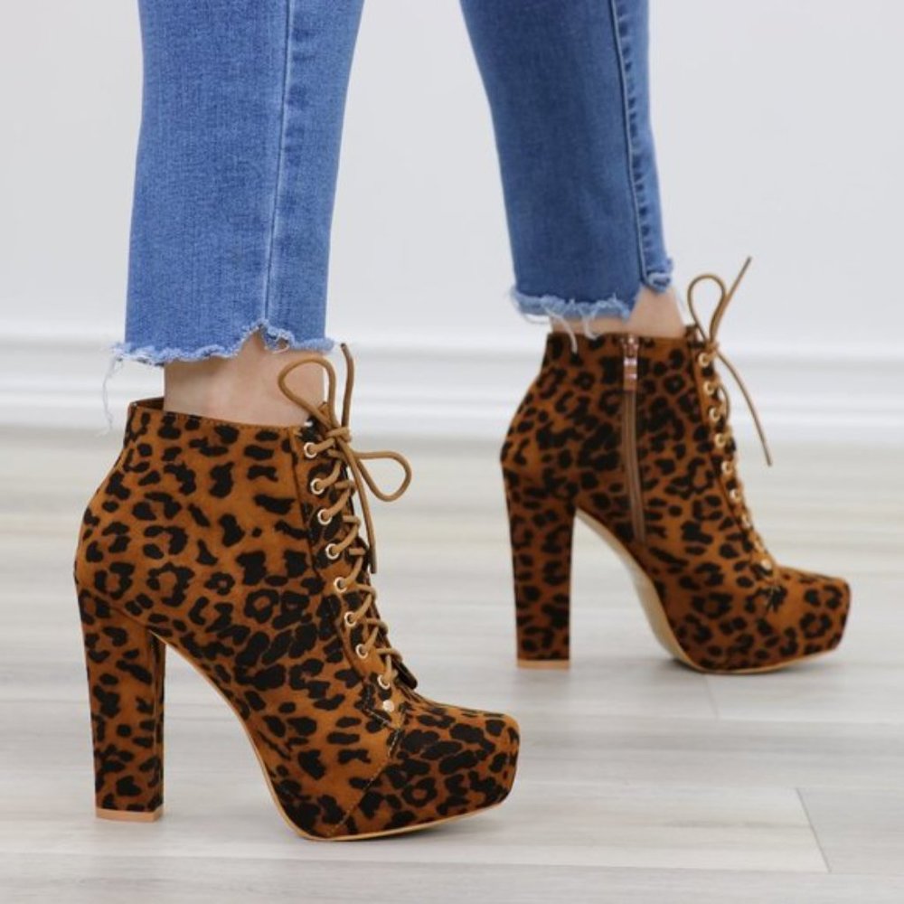 Leopard Print Suede Heeled Ankle Booties - Picture 2 of 10
